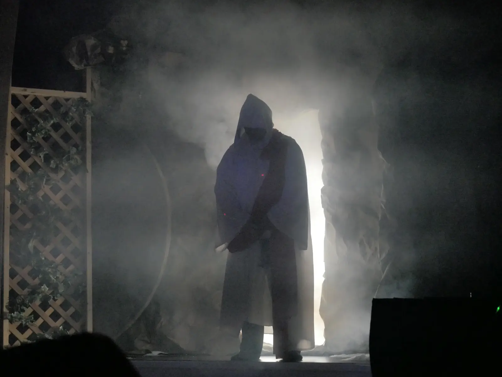 The hooded figure standing in mist before the bright doorway of the tomb